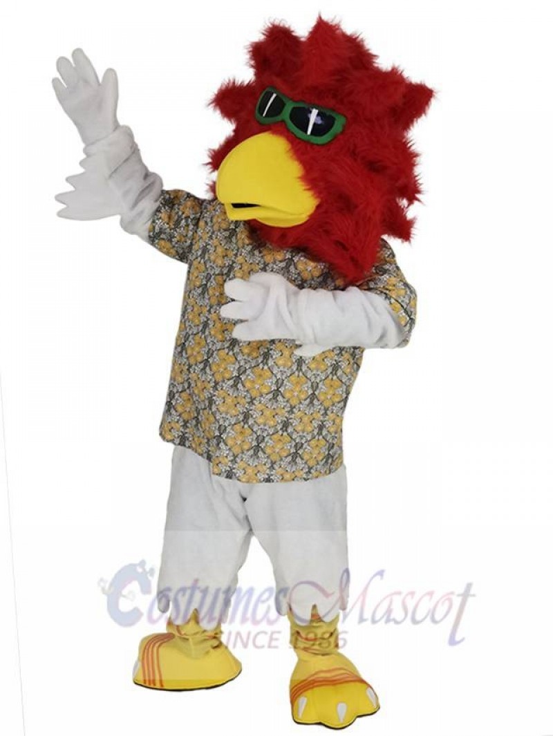 Red Head Rooster Mascot Costume Animal wearing Sunglasses