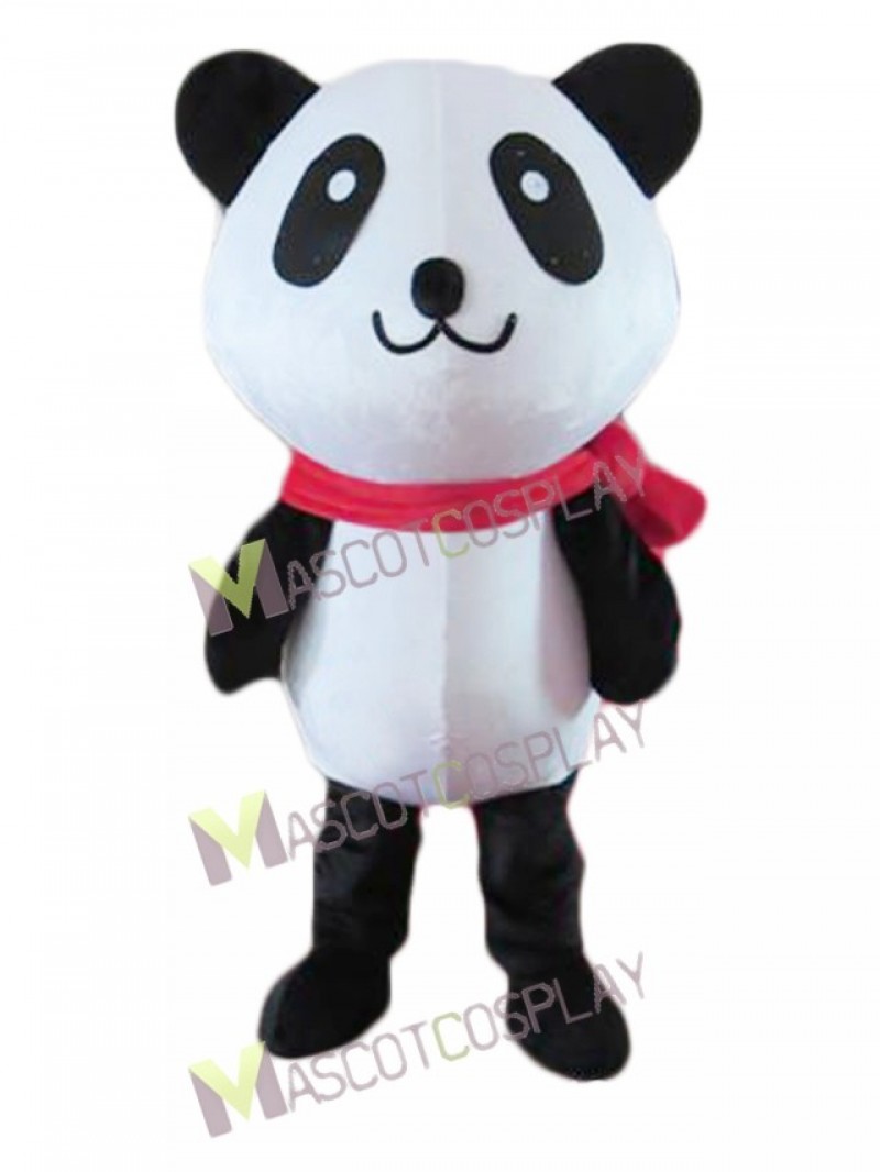 Cartoon Black and White Panda Bear with Red Scarf Mascot Costume
