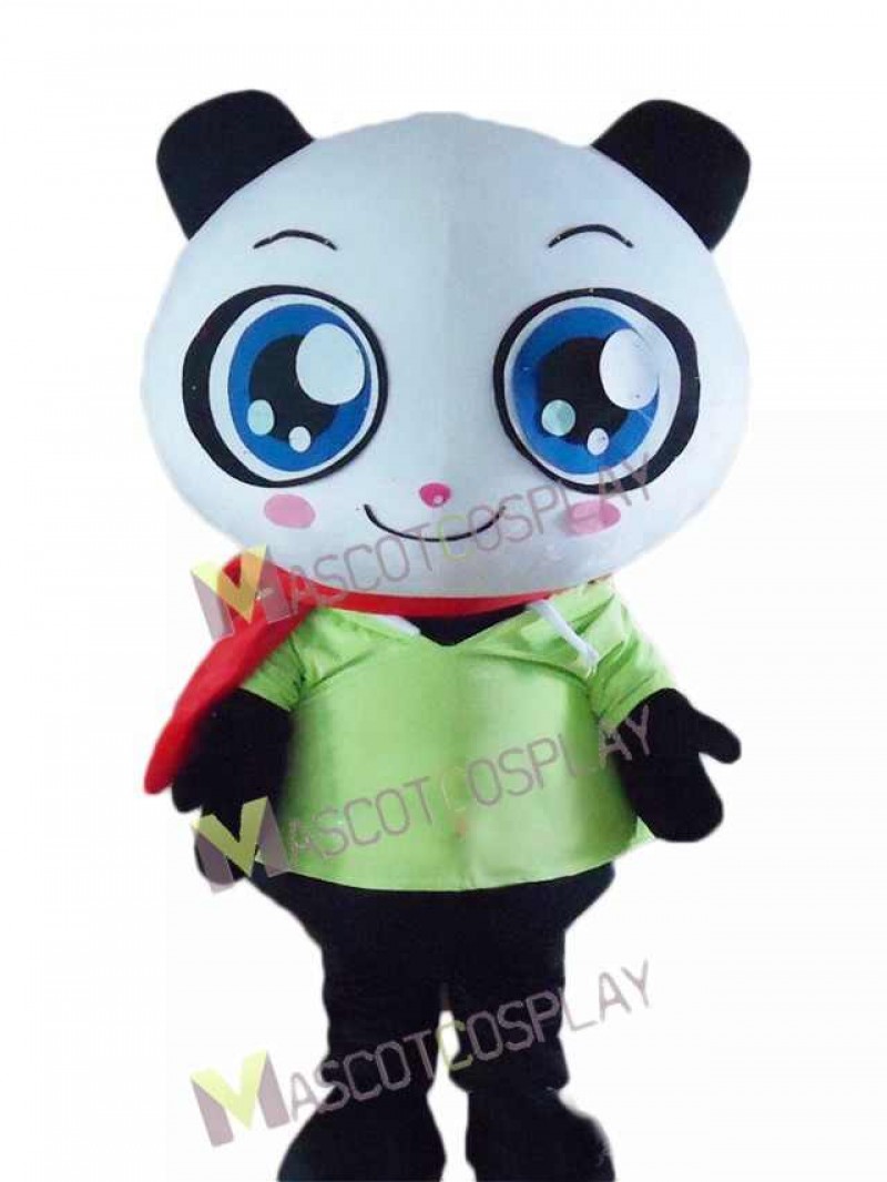 Cartoon Panda Bear in Green Shirt Mascot Costume