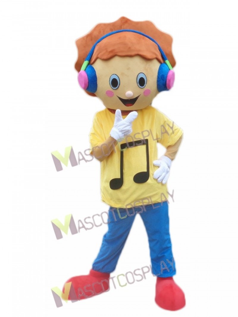 Music Boy with Headphone in Yellow Shirt Mascot Costume