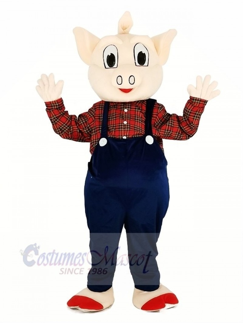 Pig with Blue Overalls Mascot Costume Cartoon