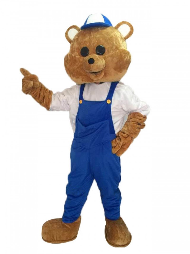 Teddy Bear Mascot Costume with Blue Overalls