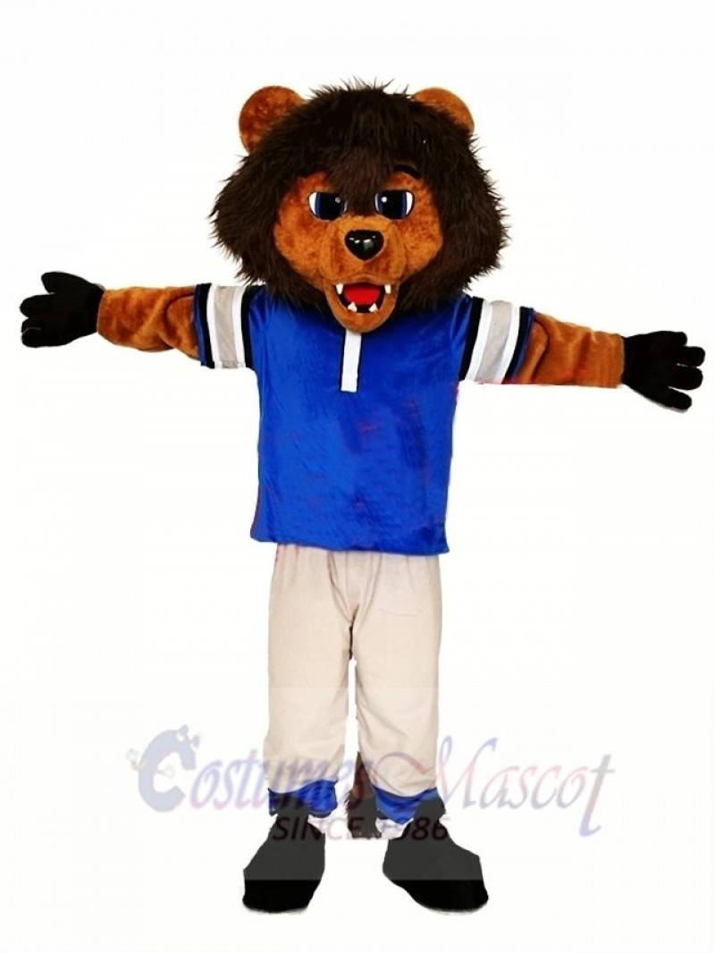 Sporty Lion Mascot Costume with Blue Shirt 