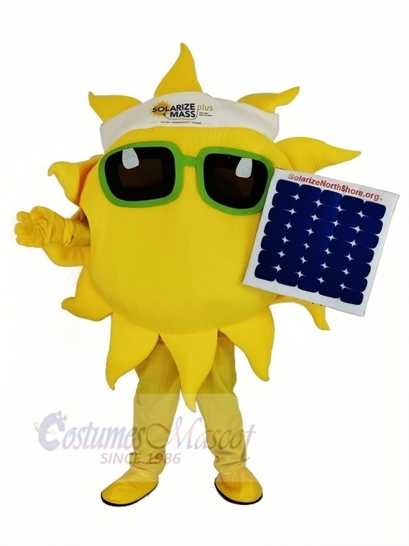 Funny Sun Holding a Solar Panel Mascot Costume