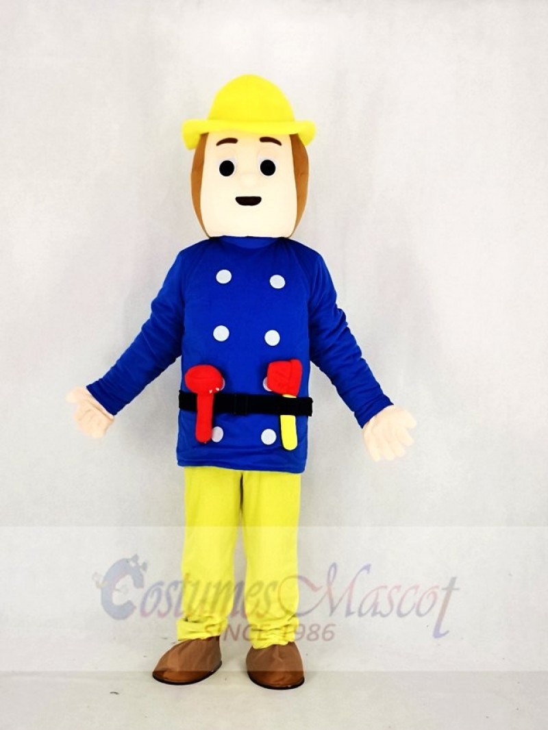 Realistic Fireman Sam In Blue Coat Mascot Costume Cartoon