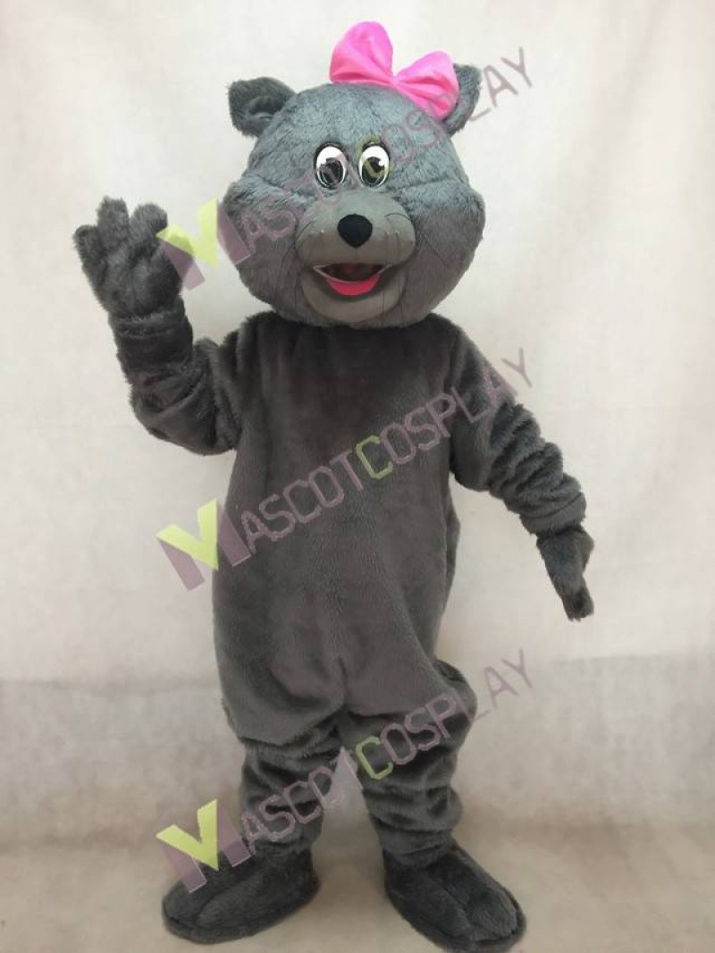 Cute Gray Tabitha Cat Mascot Costume with Pink Bow