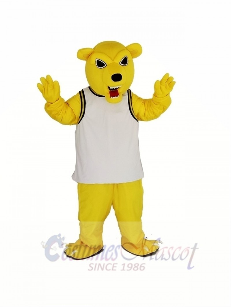 Yellow Funny Bear in White Shirt Mascot Costume