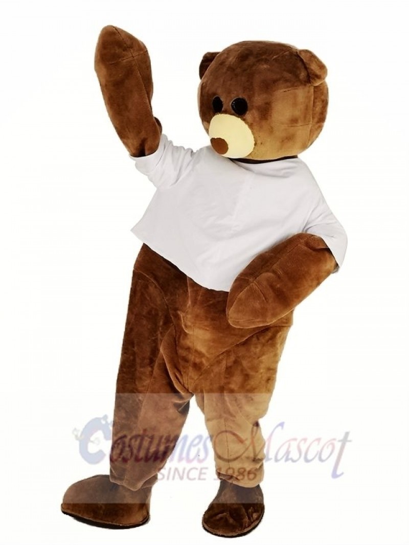 Brown Teddy Bear in White Shirt Mascot Costume