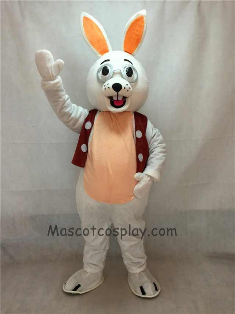 High Quality Easter White Bunny Rabbit with Glasses and Vest Mascot Costume