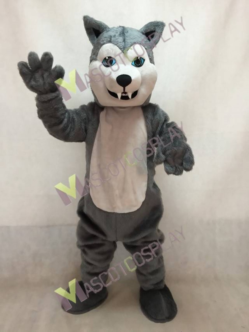 Grey Husky Dog Mascot Costume with Blue Eyes