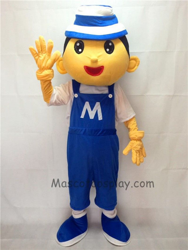Cute Blue Bonnet Boy Plush Adult Mascot Costume