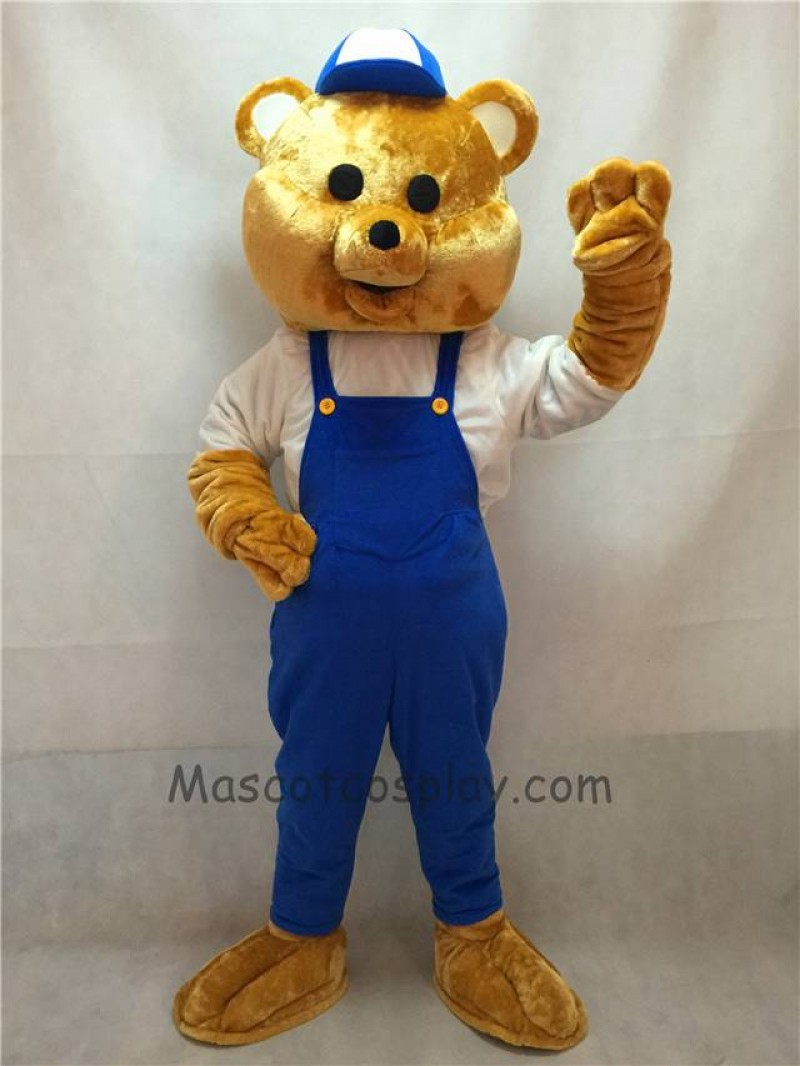 High Quality Teddy Bear Mascot Costume with Blue Overalls and Hat