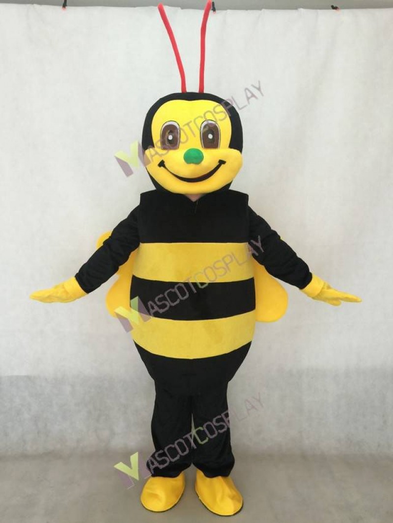 Realistic Adult Black and Yellow Honey Bee with Green Nose and Red Antennae Mascot Costume