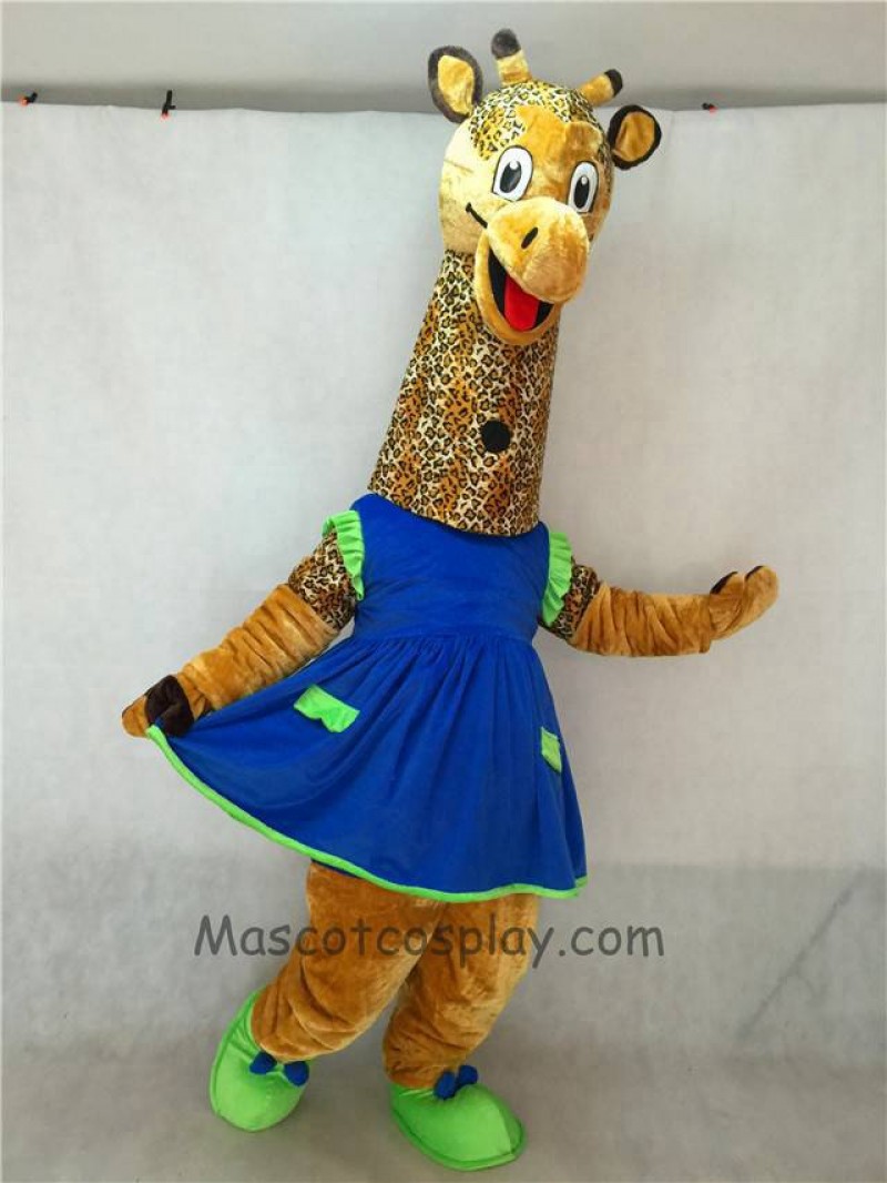 High Quality Adult Realistic New Friendly Giraffe Mascot Costume with Blue Dress