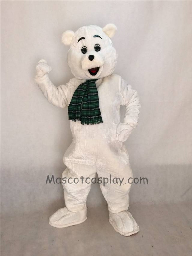 Cute White Snow Bear Mascot Costume with Scarf