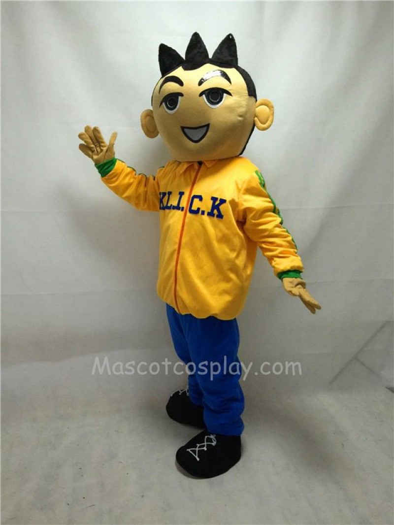 Cute Big Head Boy In Yellow Clothes Mascot Costume