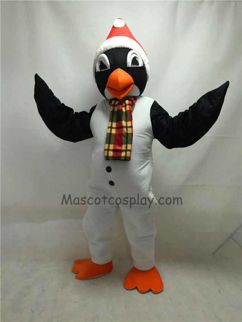 Cute Christmas Penguin with Scarf & Santa Hat Mascot Costume