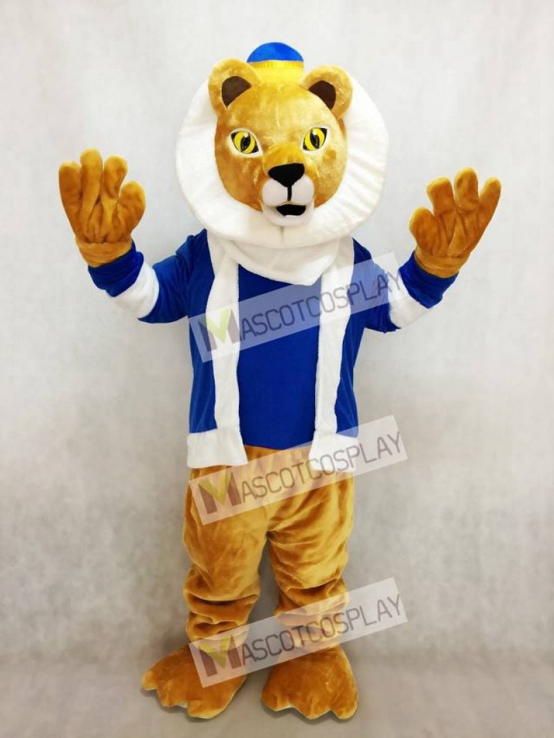 King Lionel Lion Mascot Costume with Blue Clothes and Crown