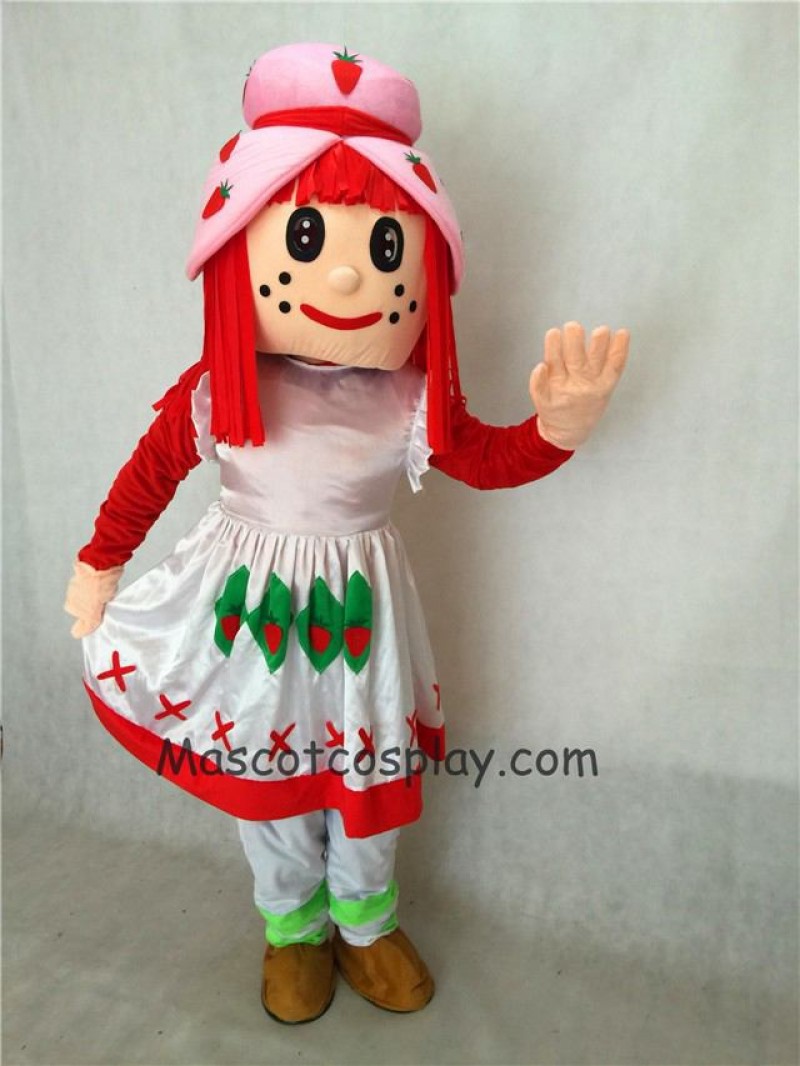 Hot Sale Adorable Realistic New Strawberry Shortcake Girl Adult Mascot Costume in White Dress