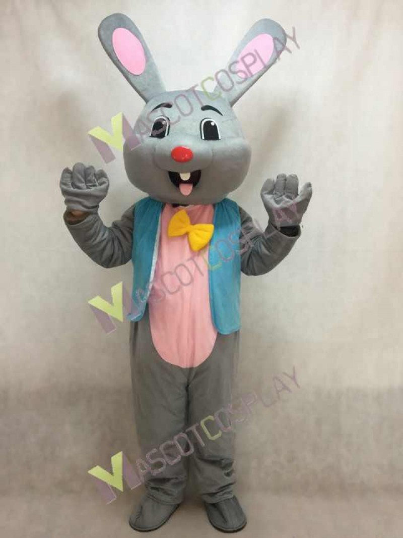 Easter Grey Bunny Rabbit Hare Mascot Costume in Blue Vest