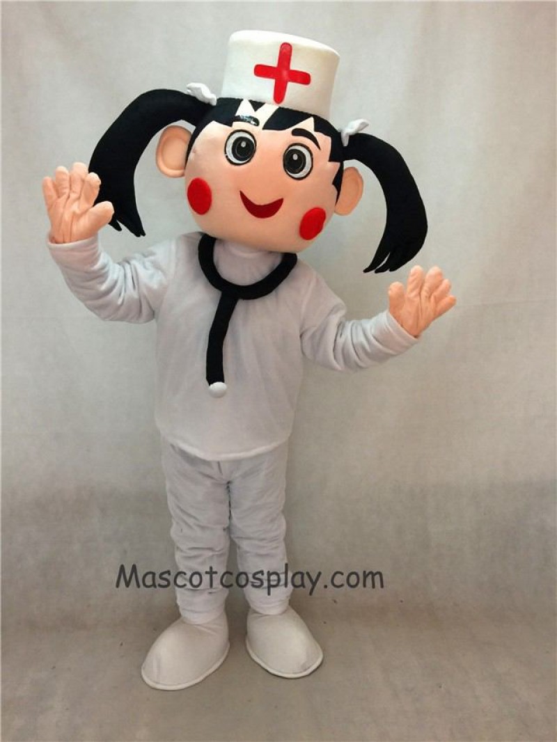 Hot Sale Adorable Realistic New Nurse in White Hat and Suit Mascot Costume with Red Flush