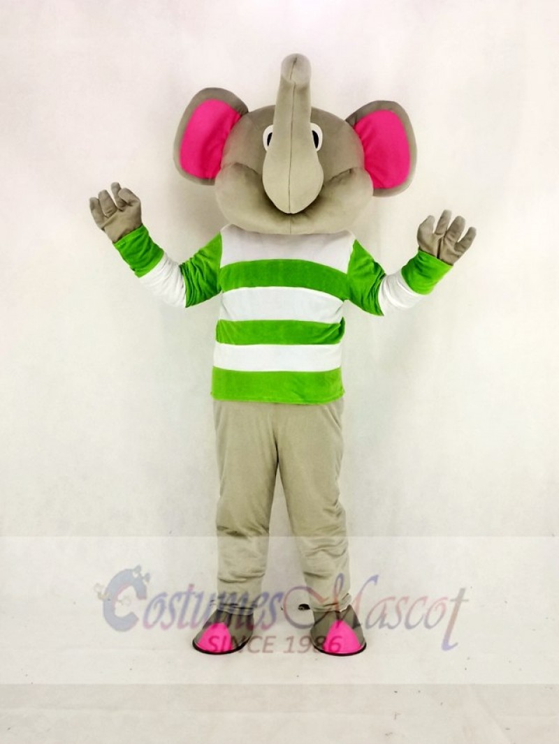 Gray Elephant with Green and White Cloth Mascot Costume Cartoon	