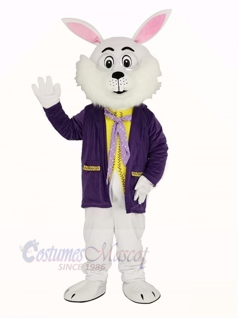 White Easter Bunny Rabbit in Purple Coat Mascot Costume