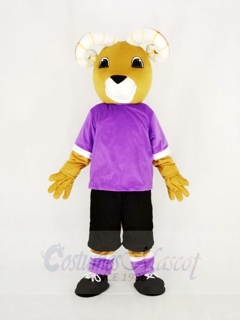 Brown Ram with Purple T-shirt Mascot Costume Animal