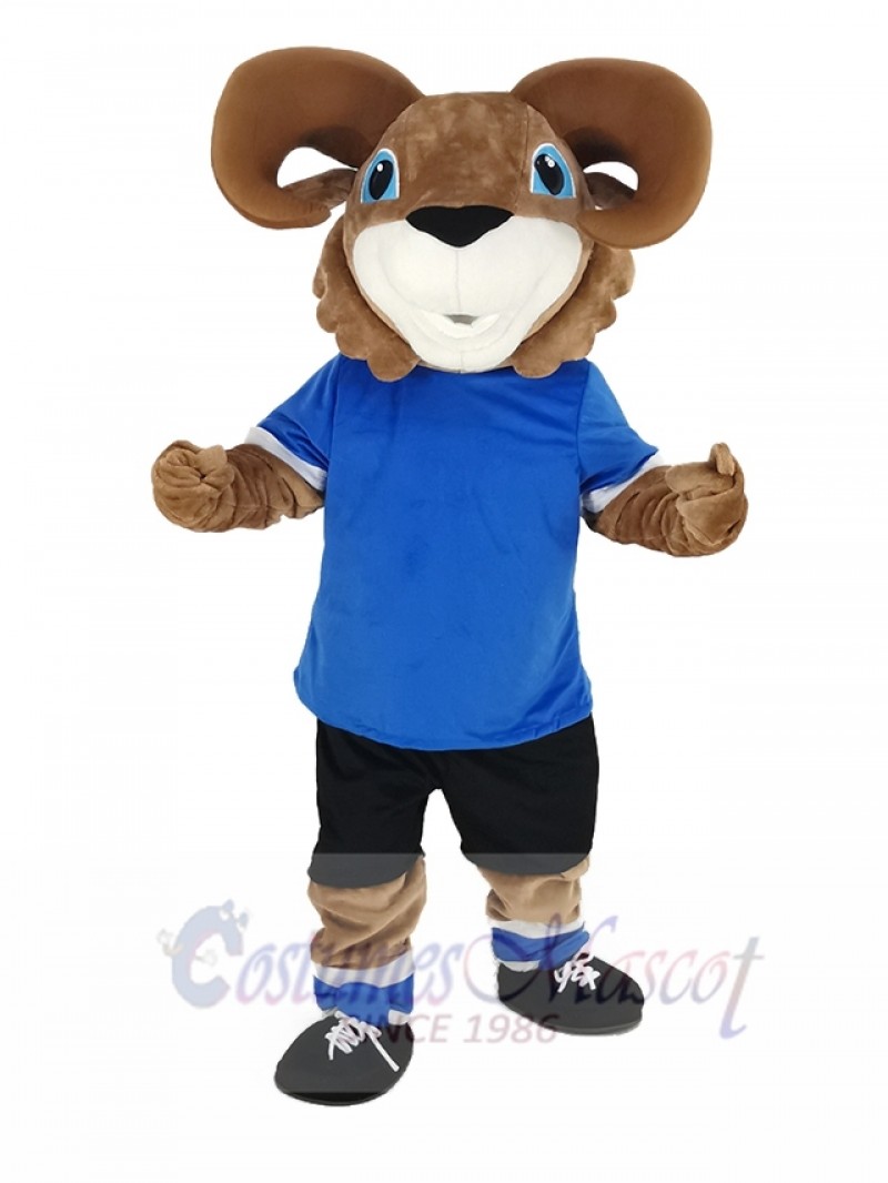 Brown Ram with Blue T-shirt Mascot Costume Animal