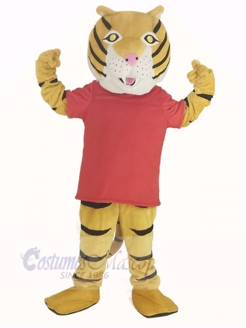 Happy Tiger in Red T-shirt Mascot Costume