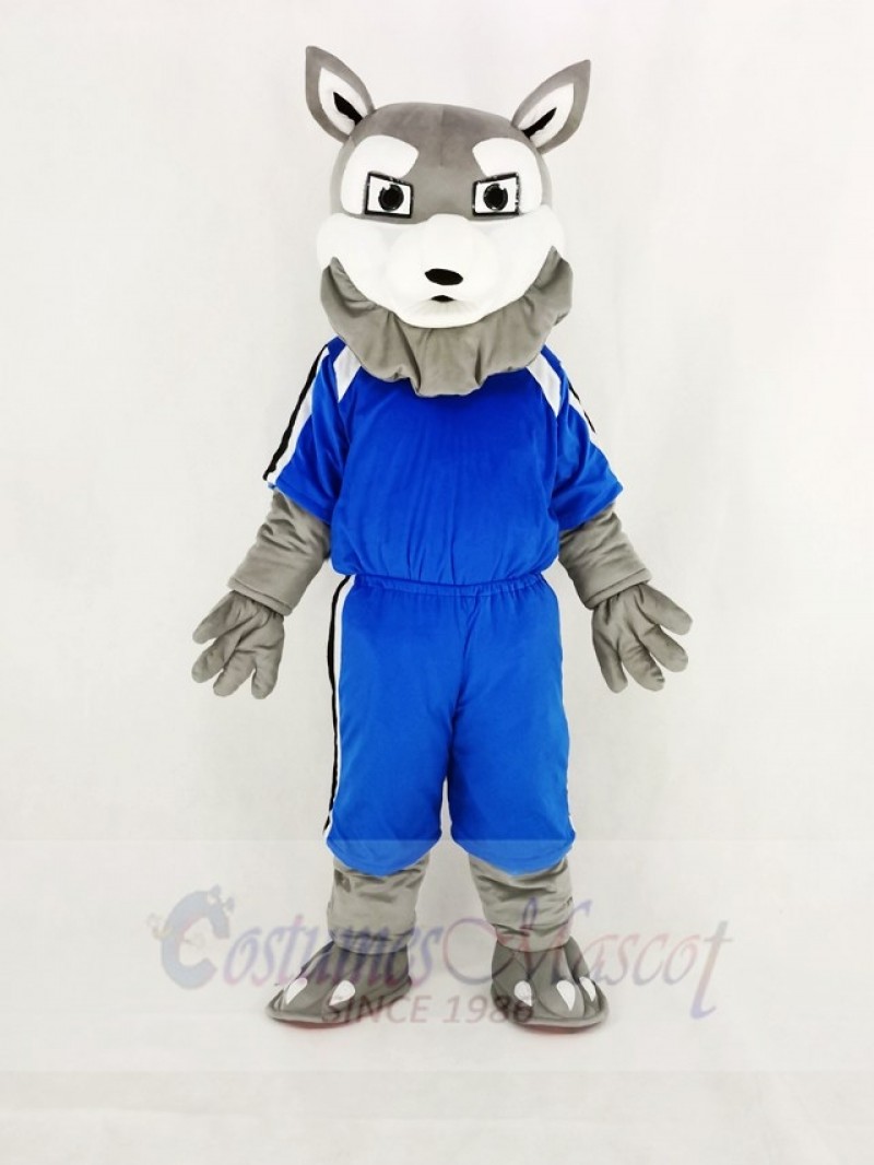 Power Gray Husky Dog with Blue T-shirt Mascot Costume Cartoon