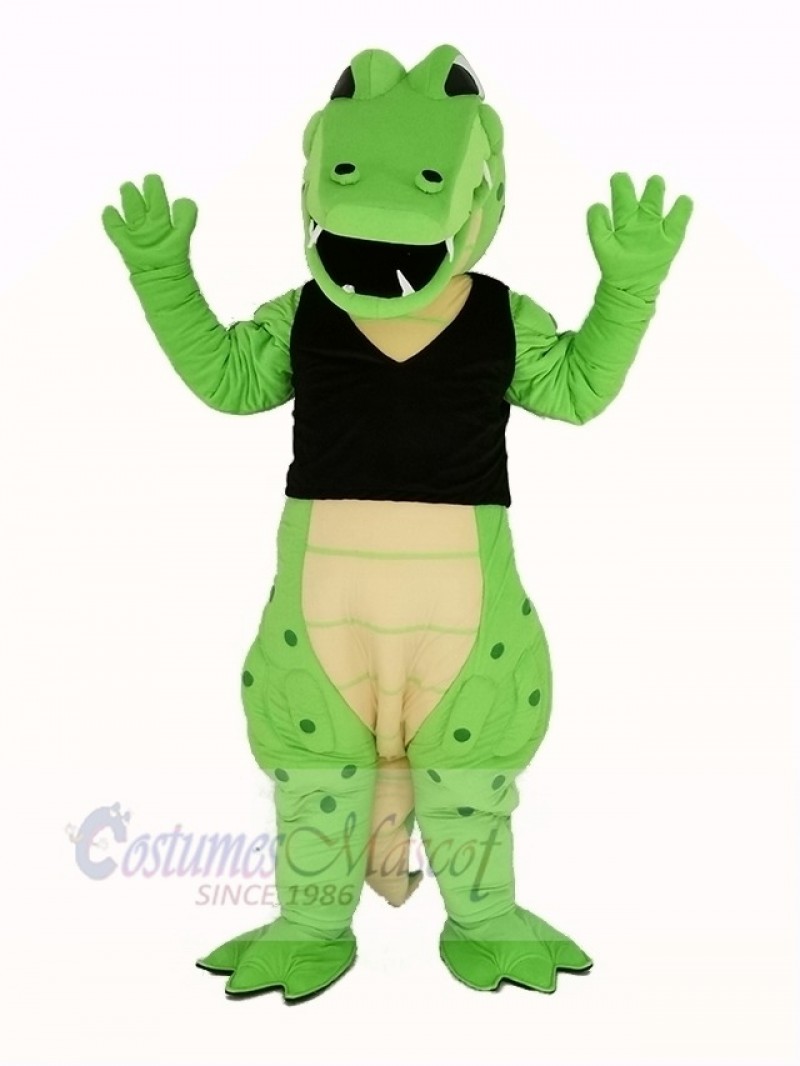 Power Green Crocodile in Black Vest Mascot Costume Animal