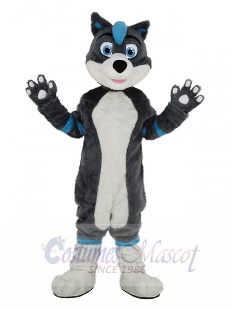 Funny Blue and Gray Husky Dog with Blue Eyes Mascot Costume