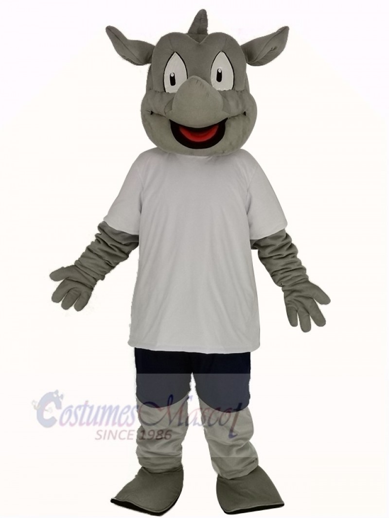 Rhino in White T-shirt Mascot Costume