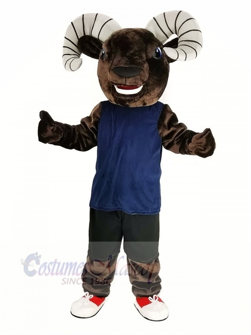 Dark Brown Sport Ram with Blue Vest Mascot Costume Animal