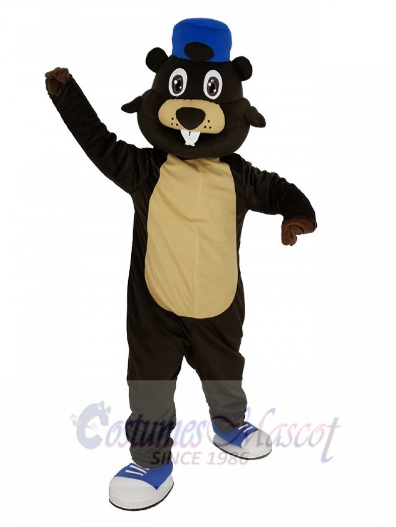 Brown Beaver with Blue Hat Mascot Costume