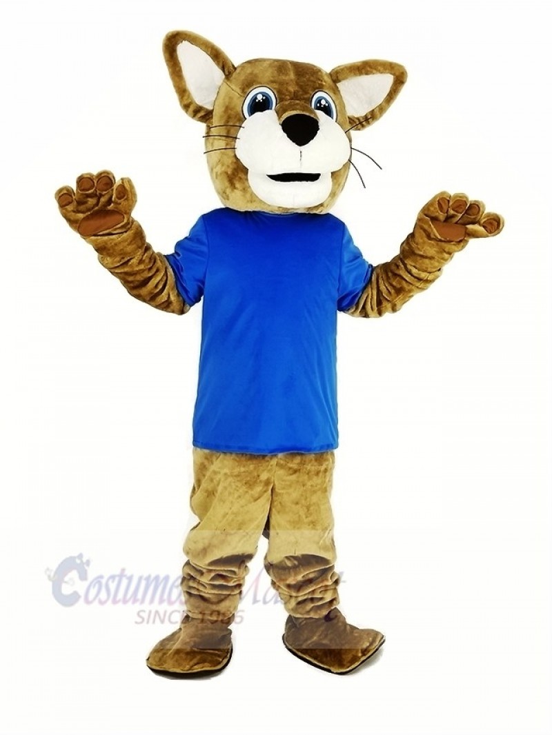 Brown Wildcat with Blue T-shirt Mascot Costume Animal