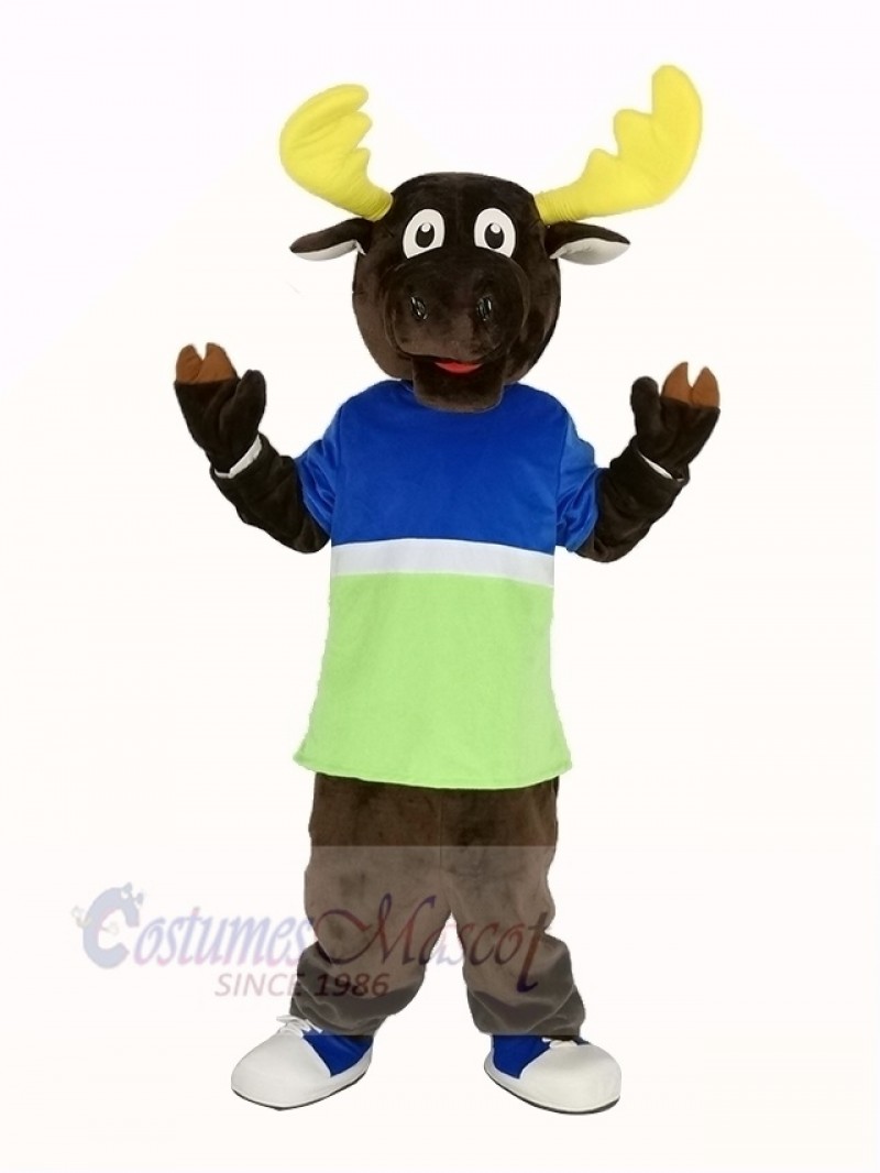 Brown Moose in Blue and Green T-shirt Mascot Costume