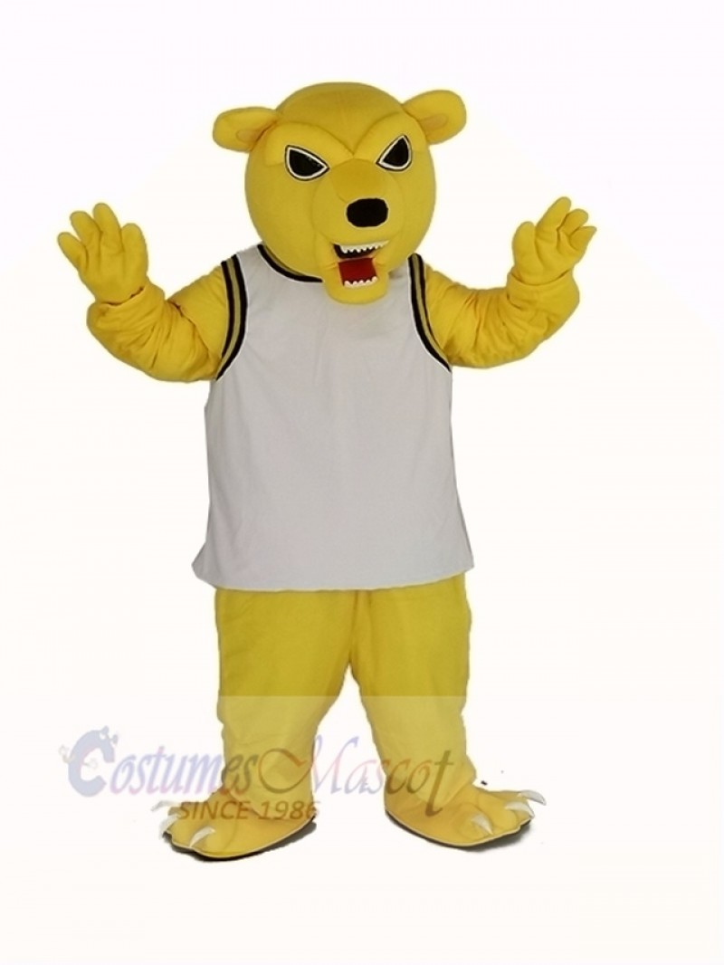 Power Fierce Yellow Bear in White Vest Mascot Costume