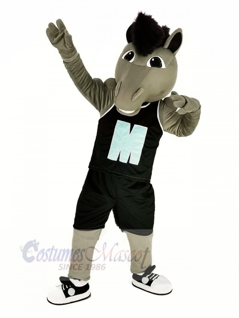 Grey Power Mustang Horse with Black Sportswear Mascot Costume