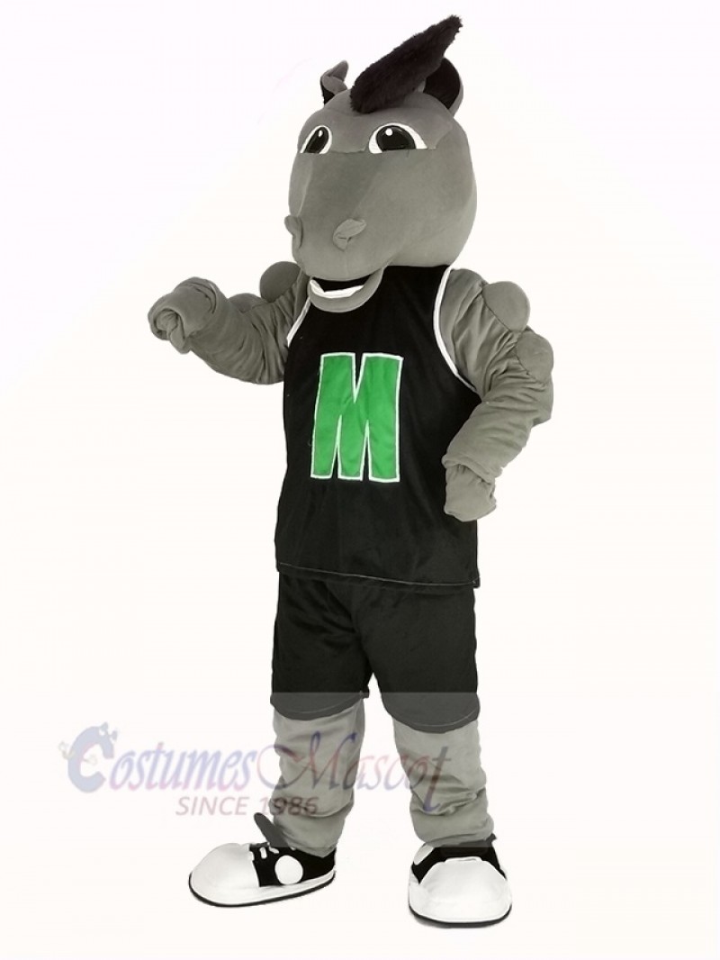 Grey Mustang Horse in Black Sportswear Mascot Costume