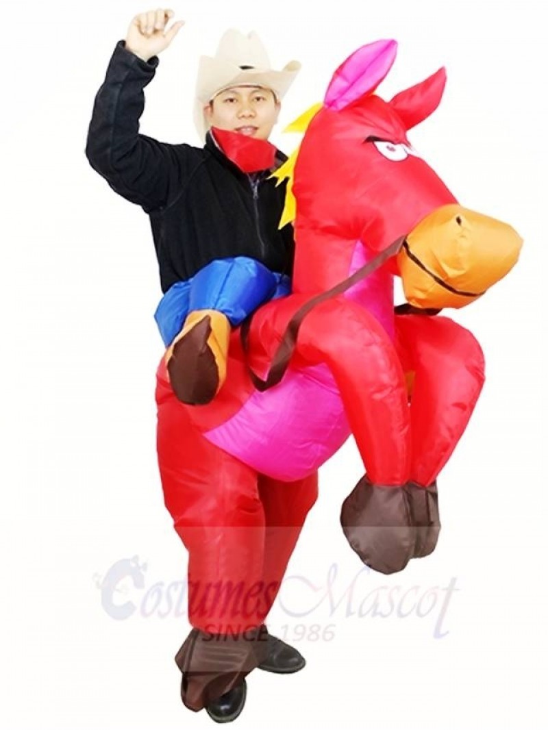 Cowboy Ride On Red Horse Inflatable Halloween Christmas Costumes for Adults