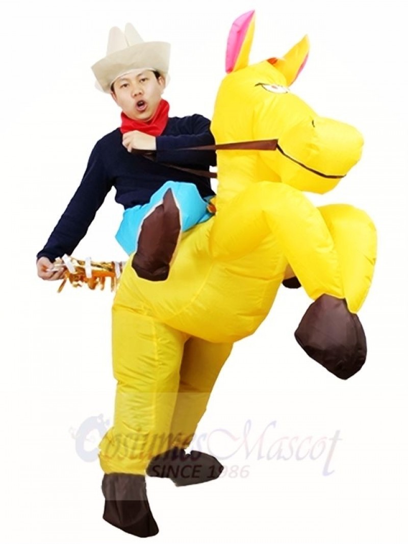 Cowboy Ride On Yellow Horse Inflatable Halloween Christmas Costumes for Adults