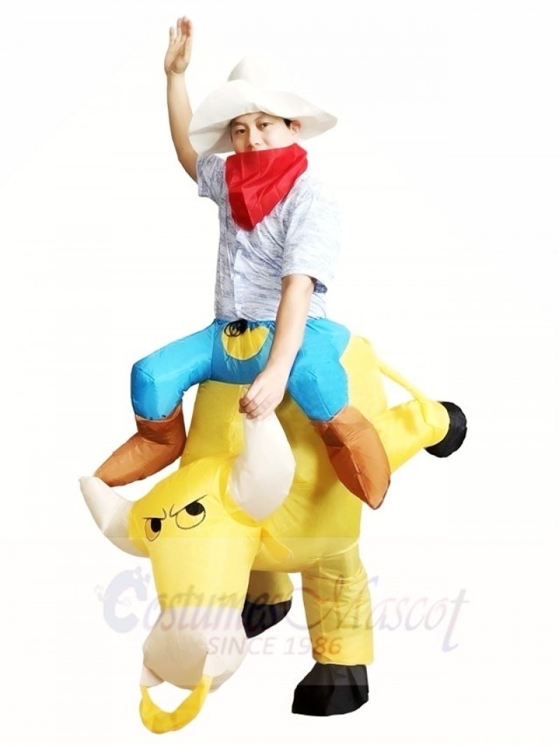 Cowboy Ride on Yellow Bull Inflatable Halloween Xmas Costumes for Adults