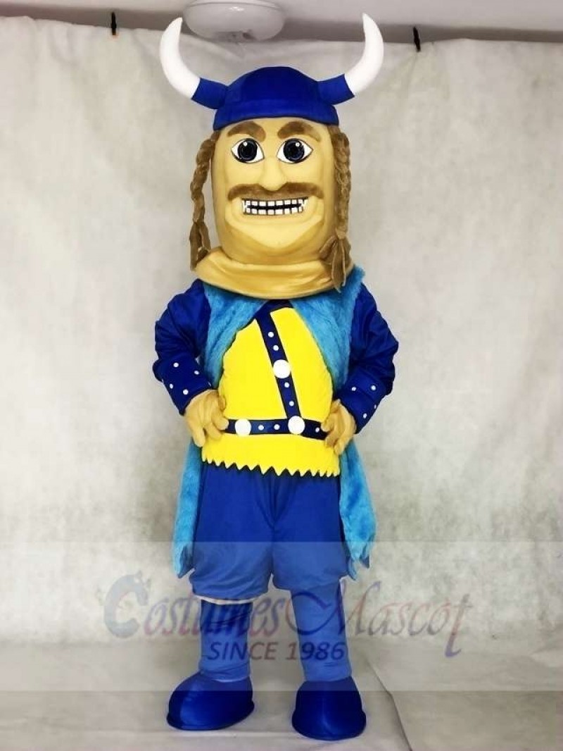 Blue Viking Mascot Costumes with Helmet and Black Cloak People