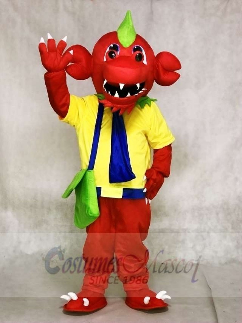 Red Dragon with Yellow Shirt and Green Bag Mascot Costumes 