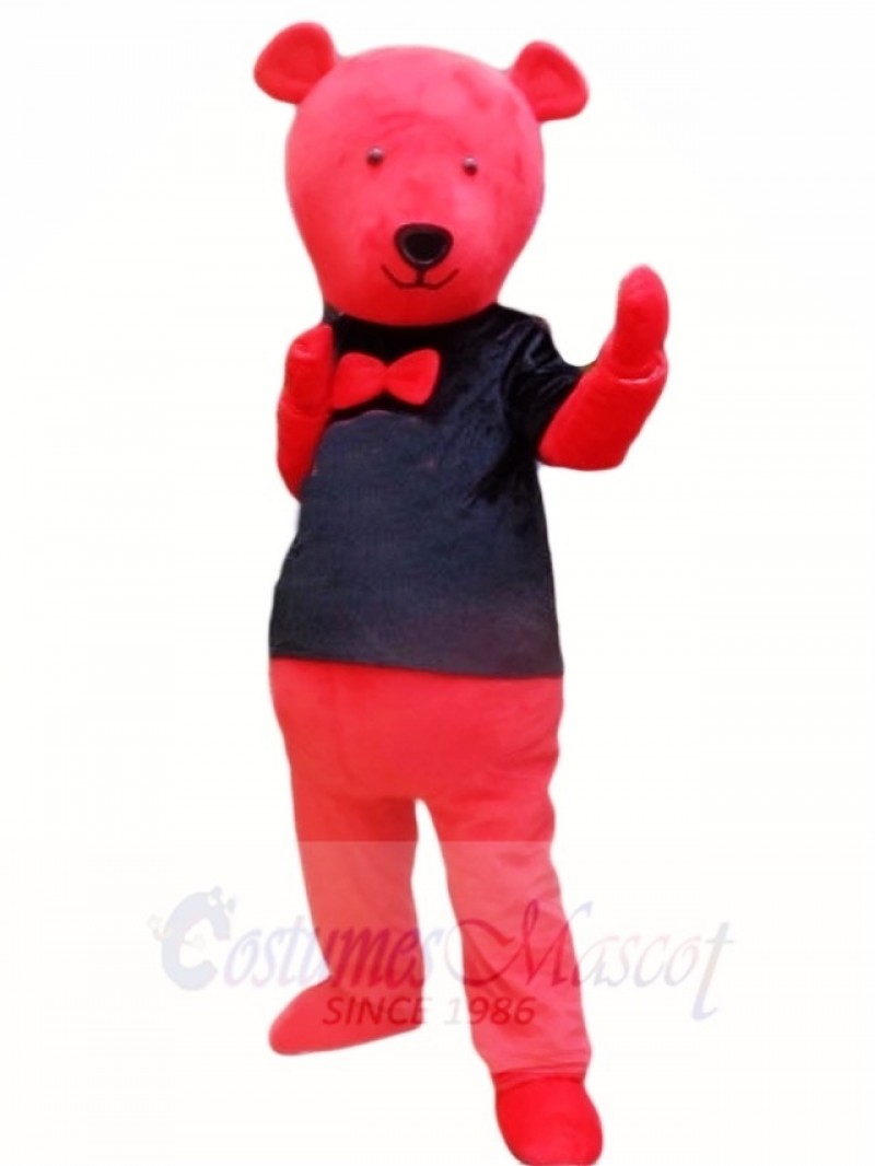 Red Teddy Bear in Black Shirt Mascot Costumes Animal