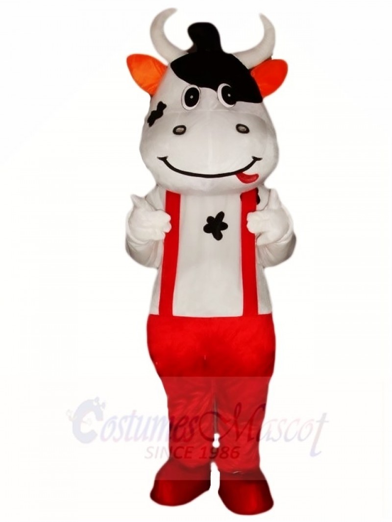 Cow Mascot Costumes with Red Overalls Animal 