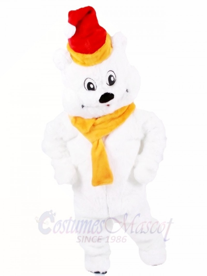 Red Hat Polar Bear with Yellow Scarf Mascot Costumes Animal Xmas