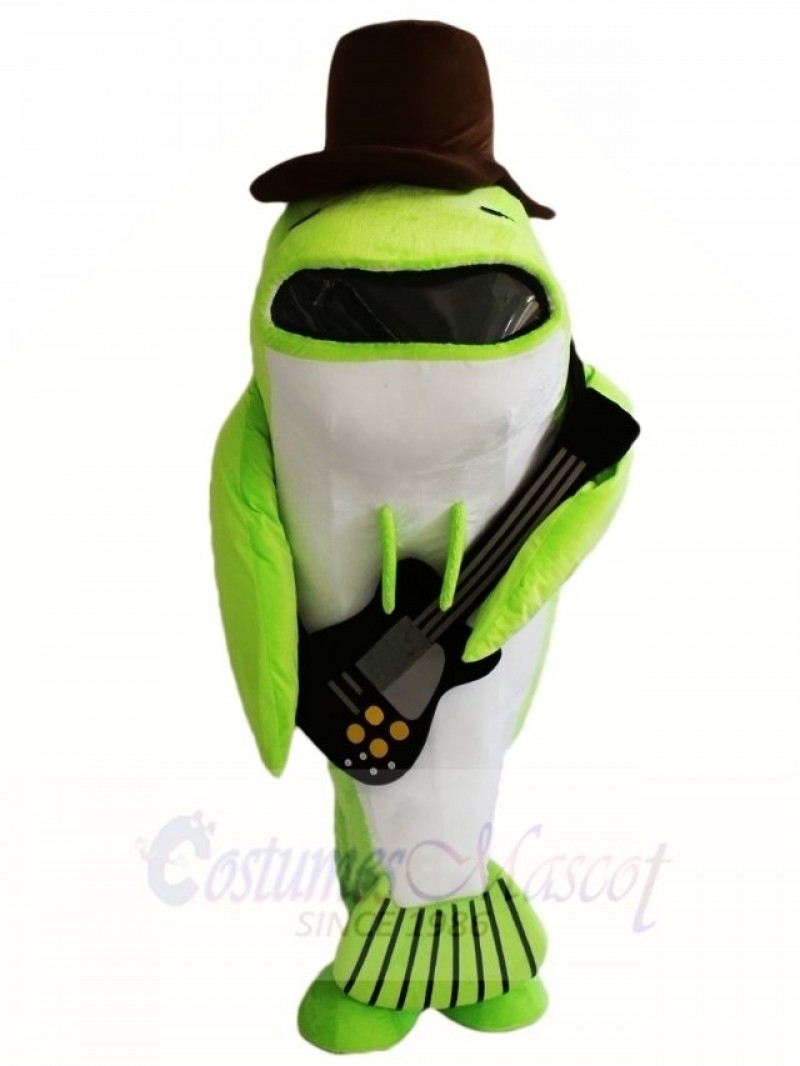 Green Whale Fish with Black Hat and Guitar Mascot Costumes Sea Ocean